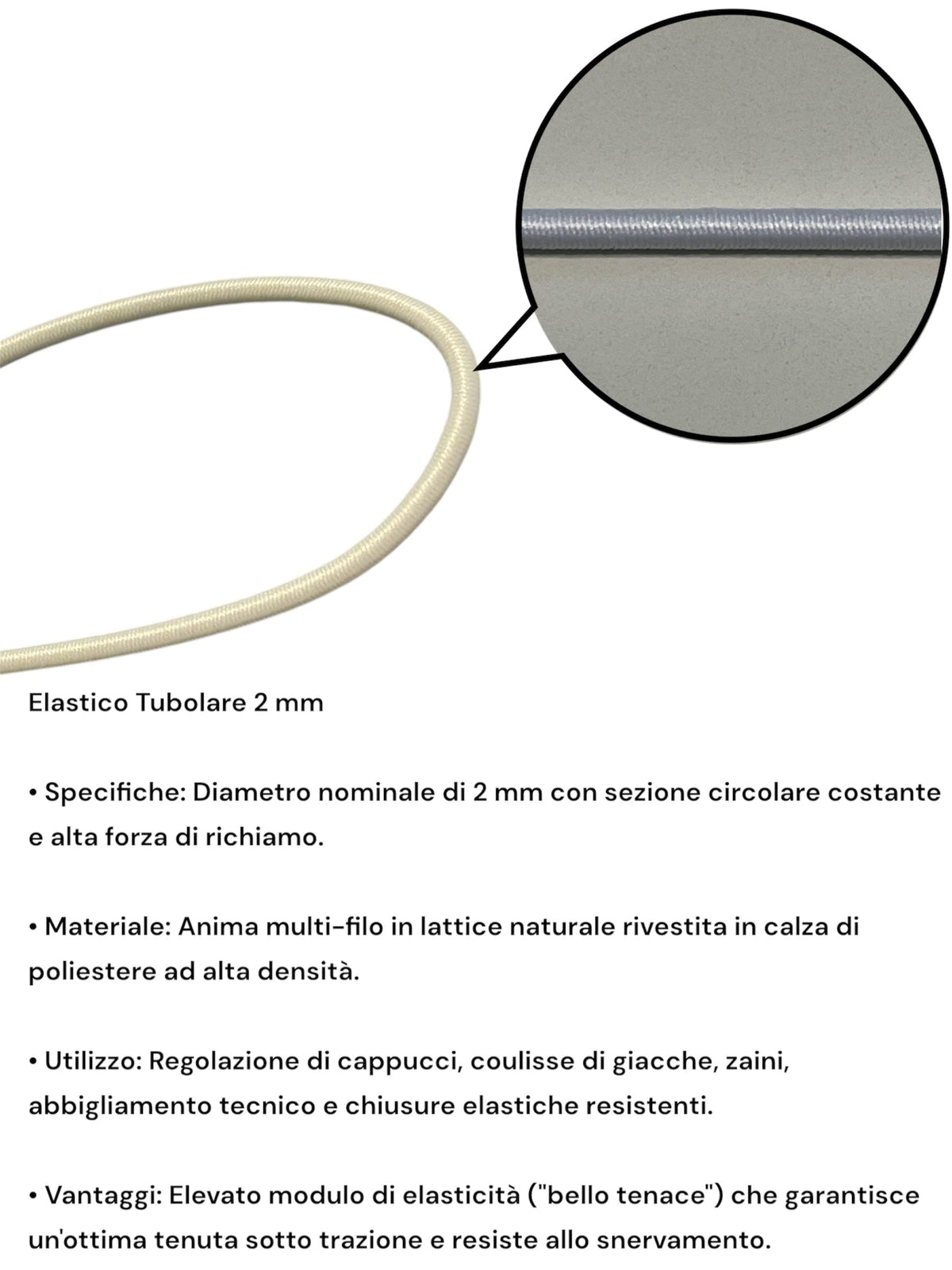 Elastico tubolare 2 mm per coulisse e cappucci - Pacchi da 10mt