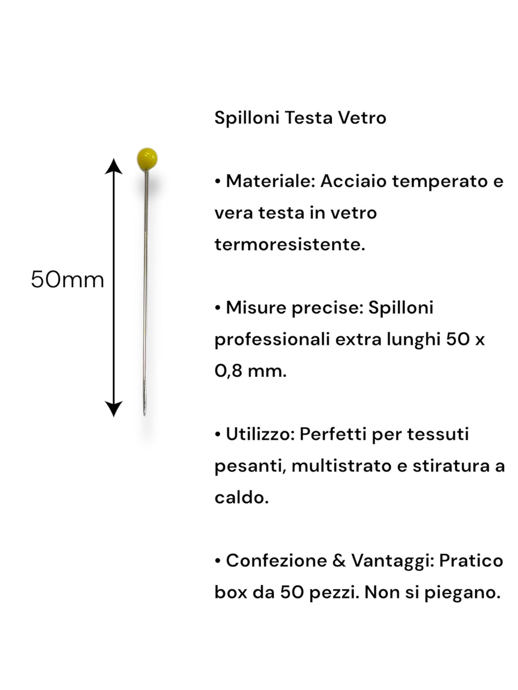 Spilloni testa in vetro  50 × 0,80 mm – Box 50 pezzi